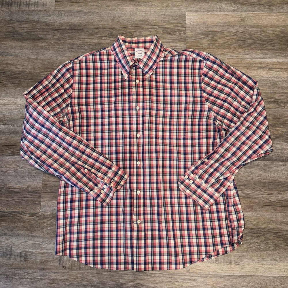 Brooks Brothers Men's L Pink Blue White Cotton Plaid Long Sleeve Button-Up Shirt